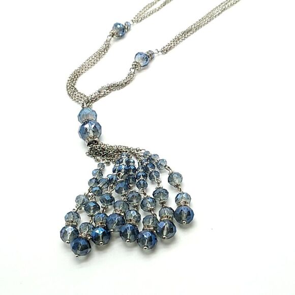 Multi-Chain Tassel Necklace Silver-tone with Faceted Sapphire Glass Beads NWOT - Picture 11 of 13